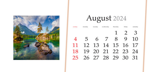 Set of horizontal flip calendars with amazing landscapes in minimal style. August 2024. Sunny...