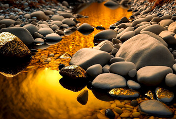 Obraz premium gold rocks in the water gravel bed. AI generated Illustration