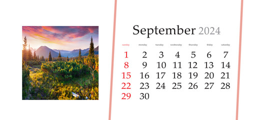 Set of horizontal flip calendars with amazing landscapes in minimal style. September 2024. Splendid...