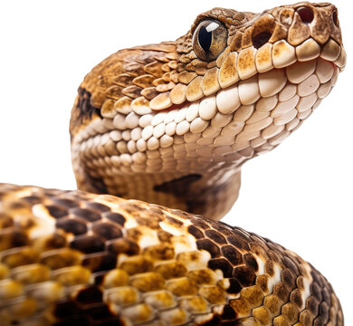 Closeup portrait of a poisonous viper snake isolated on white backgroudn as transparent PNG, animal