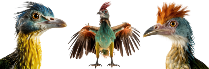 Prehistoric archeopteryx bird collection isolated on white background as transparent PNG