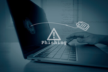 Phishing cyber attack, concept cyber security. Man user Computer laptop a hacker do Phishing data.