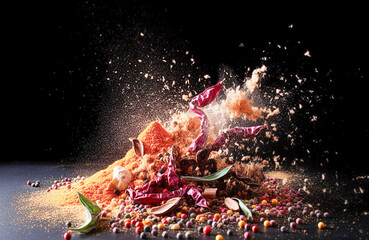 Explosion of different spices on a dark