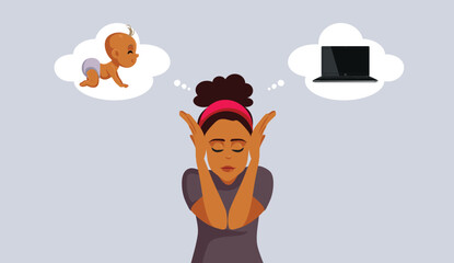 Stressed Woman Choosing Between Baby and Career Vector Illustration. Girl making a personal decision for her future 
