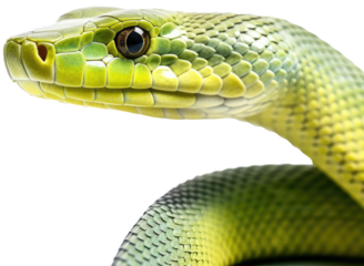 Close up portrait of a green mamba snake isolated on white background as transparent PNG, animal