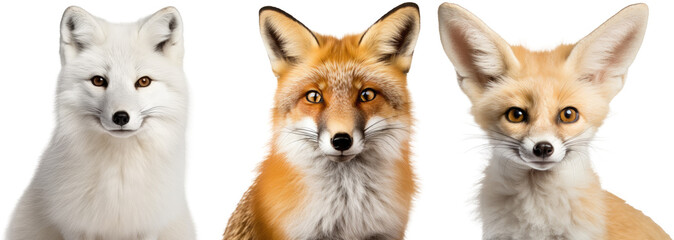 Fox portrait collection, bundle of red fox, arctic fox and fennec fox isolated on white background as transparent PNG, animal set