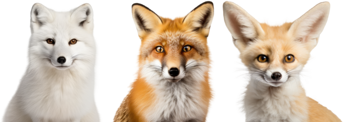 Fox portrait collection, bundle of red fox, arctic fox and fennec fox isolated on white background as transparent PNG, animal set