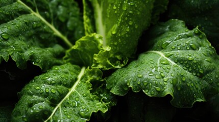 Kale green raw leaves background, closeup, with water drops - obrazy, fototapety, plakaty