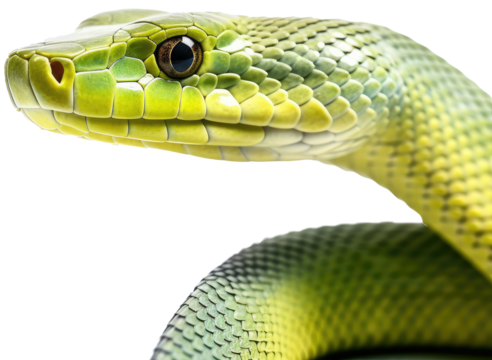 Close up portrait of a green mamba snake isolated on white background as transparent PNG, animal