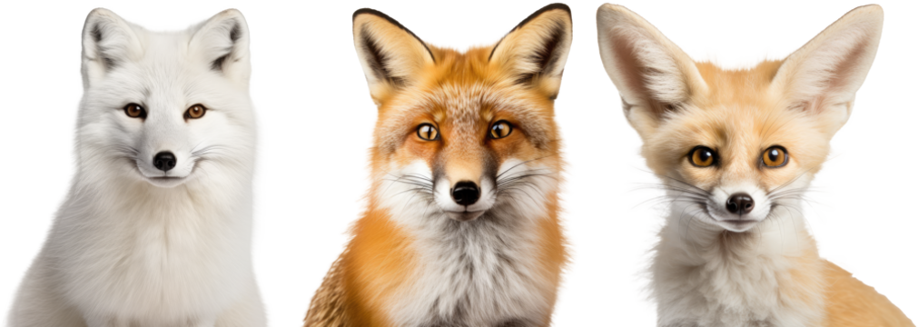 Fox portrait collection, bundle of red fox, arctic fox and fennec fox isolated on white background as transparent PNG, animal set