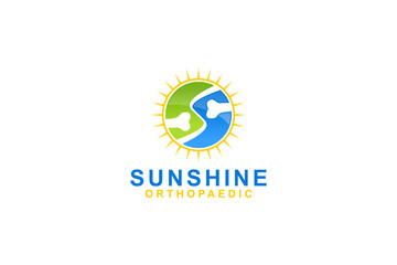 Orthopaedic wellness logo design bones and joints illustration with light sun shine shape icon symbol