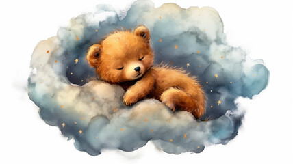 bear watercolor drawing sleeping on a cloud lullaby. Generative AI