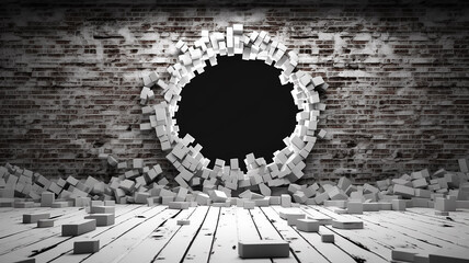 hole in the black brick wall white light from the hole abstract background. Generative AI