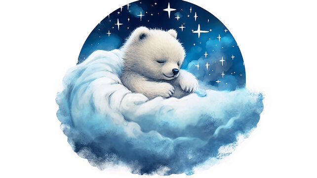 Teddy Bear Watercolor Drawing Sleeping On A Cloud Lullaby. Generative AI