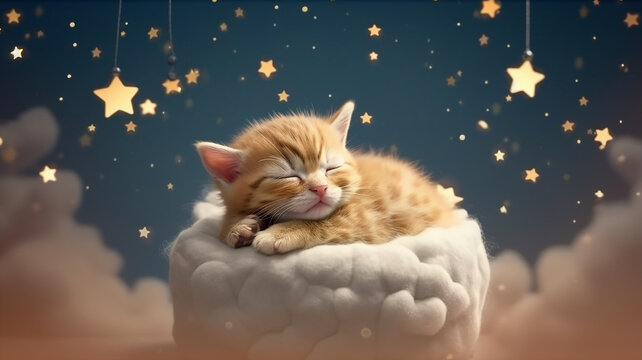 cute kitten sleeping on a cloud  watercolor drawing. Generative AI