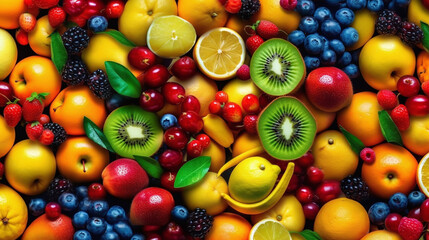 Background of fresh fruits arranged together representing concept of health diet. Top view. Generative Ai