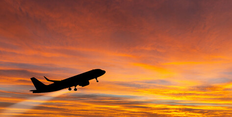 Fototapeta premium The plane takes off at sunset.