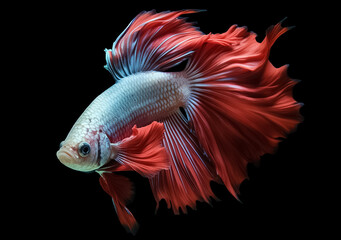 Fototapeta premium Beautiful Siamese fighting fish on dark background. Betta fish. Colorful fighting Siamese fish with beautiful silk tail isolated on black. Generative AI.