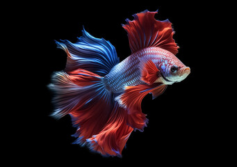 Fototapeta premium Beautiful Siamese fighting fish on dark background. Betta fish. Colorful fighting Siamese fish with beautiful silk tail isolated on black. Generative AI.