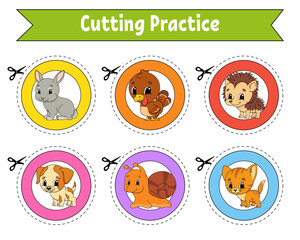 Cutting practice. Educational activity worksheet for kids and toddlers. Game for children. Vector illustration.