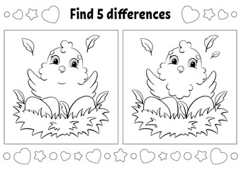 Find five differences. Easter theme. Coloring page for kids. Activity worksheet for children. Vector illustration isolated on white background.