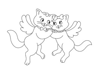 Cute couple of cats with wings. Coloring book page for kids. Cartoon style character. Vector illustration isolated on white background. Valentine's Day.