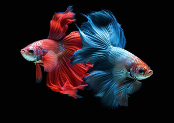 Fototapeta premium Beautiful Siamese fighting fish on dark background. Betta fish. Colorful fighting Siamese fish with beautiful silk tail isolated on black. Generative AI.