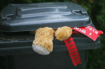 Teddybär in der Mülltonne