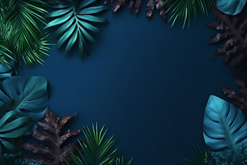 Collection of tropical leaves,foliage plant in blue color with space background