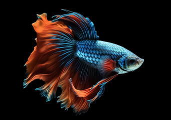 Fototapeta premium Beautiful Siamese fighting fish on dark background. Betta fish. Colorful fighting Siamese fish with beautiful silk tail isolated on black. Generative AI.