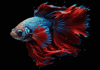 Fototapeta premium Beautiful Siamese fighting fish on dark background. Betta fish. Colorful fighting Siamese fish with beautiful silk tail isolated on black. Generative AI.