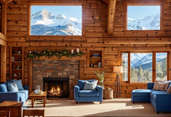 Intérieur chaleureux d'un chalet de luxe avec vue sur la montagne en hiver. Generative AI.