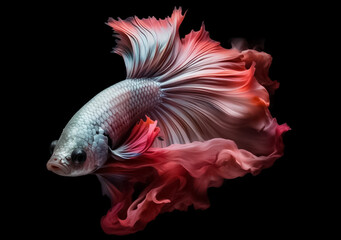 Fototapeta premium Beautiful Siamese fighting fish on dark background. Betta fish. Colorful fighting Siamese fish with beautiful silk tail isolated on black. Generative AI.