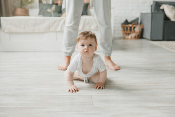 Naklejka premium crawling baby 6 months in the nursery at home.
