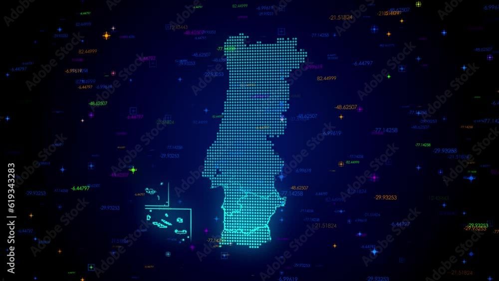 Poster futuristic motion view blue colorful shiny digital technology hud dots mosaic grid portugal map ligh