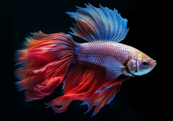 Fototapeta premium Beautiful Siamese fighting fish on dark background. Betta fish. Colorful fighting Siamese fish with beautiful silk tail isolated on black. Generative AI.