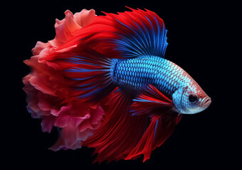 Fototapeta premium Beautiful Siamese fighting fish on dark background. Betta fish. Colorful fighting Siamese fish with beautiful silk tail isolated on black. Generative AI.
