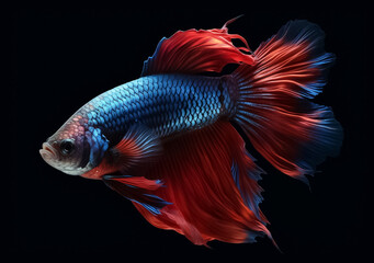 Fototapeta premium Beautiful Siamese fighting fish on dark background. Betta fish. Colorful fighting Siamese fish with beautiful silk tail isolated on black. Generative AI.