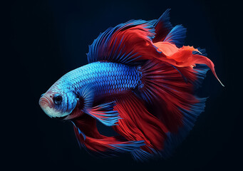 Fototapeta premium Beautiful Siamese fighting fish on dark background. Betta fish. Colorful fighting Siamese fish with beautiful silk tail isolated on black. Generative AI.
