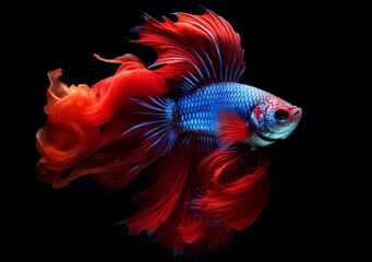 Beautiful Siamese fighting fish on dark background. Betta fish. Colorful fighting Siamese fish with beautiful silk tail isolated on black. Generative AI.