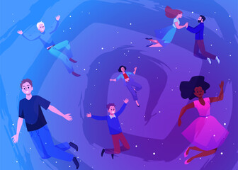 Happy and diverse people floating in space, cartoon flat vector illustration.