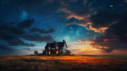 Obraz premium landscape panorama lonely house cottage under the starry sky. Generative AI