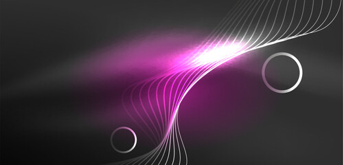 Neon laser lines, circles waves abstract background. Neon light or laser show, electric impulse, power lines, techno quantum energy impulse, magic glowing dynamic lines