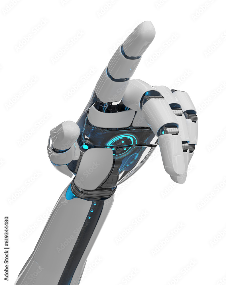 Poster isolated robot hand pointing finger. 3d rendering white and blue cyborg arm. humanoid fingers cut ou