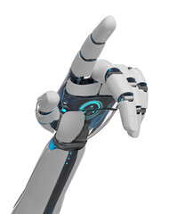 Isolated robot hand pointing finger. 3D rendering white and blue cyborg arm. Humanoid fingers cut out with transparent background - obrazy, fototapety, plakaty