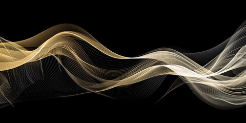 Abstract golden waves on black background. AI generated Illustration