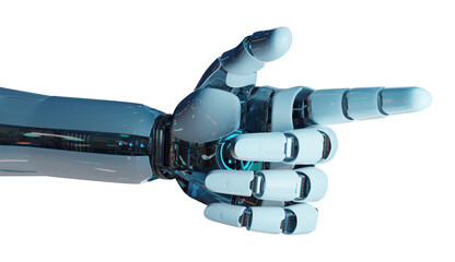 Isolated robot hand pointing finger. 3D rendering white and blue cyborg arm in dark lighting. Humanoid fingers cut out with transparent background
