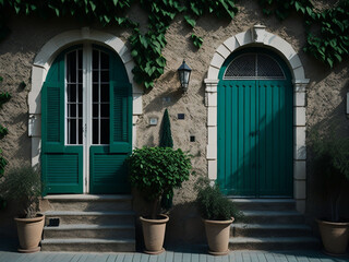 Fototapeta na wymiar Green wooden door and green wall with plants in pots. Vintage style.