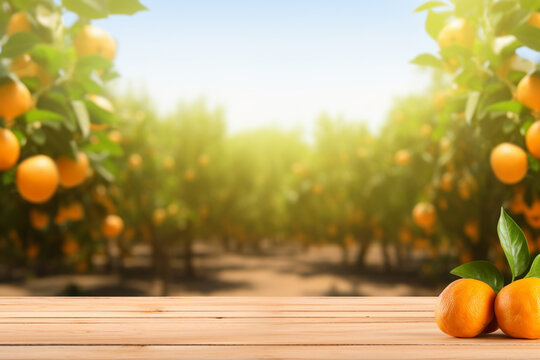 Empty wood table with free space over orange trees, orange field background. For product display mon