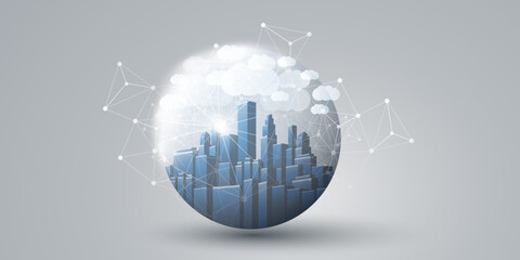 Blue, Grey and White Smart City, Cloud Computing Design Concept with Transparent Globe and Cityscape , Tall Buildings, Skyscrapers Inside - Digital Polygonal Network Connections, Technology Background